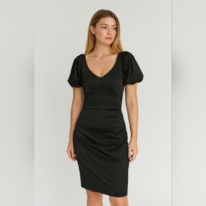 NWT Cache Satin Elegant Black Puff Sleeve Midi Dress Size 6